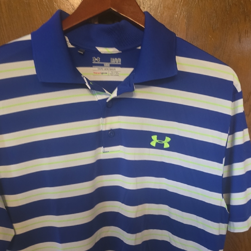 Under Armour Men’s Royal Blue & White Striped Polo with Lime Logo
